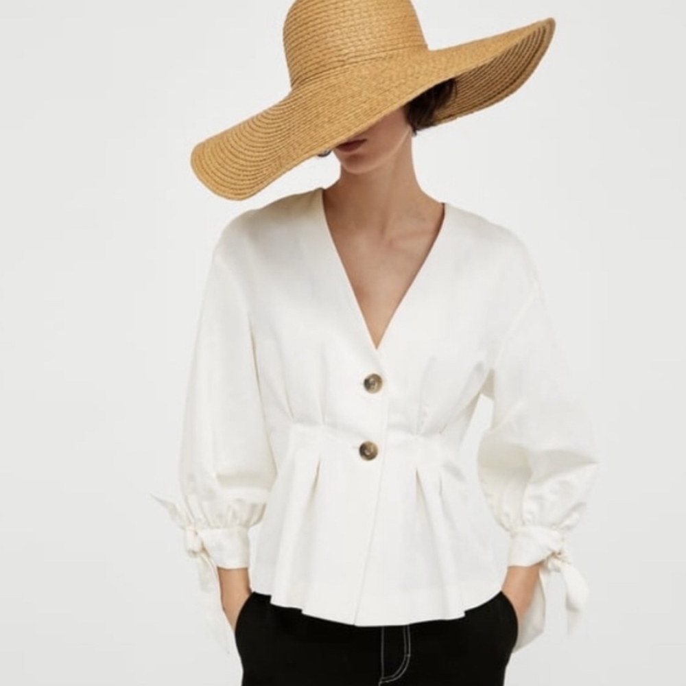 Zara White Linen Button Long Sleeve Top Size S